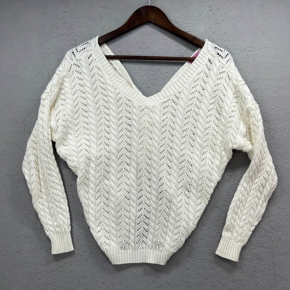 Mi Ami for Francescas Sweater Women S White Cable Crochet Knit Lace V-Neck Cozy